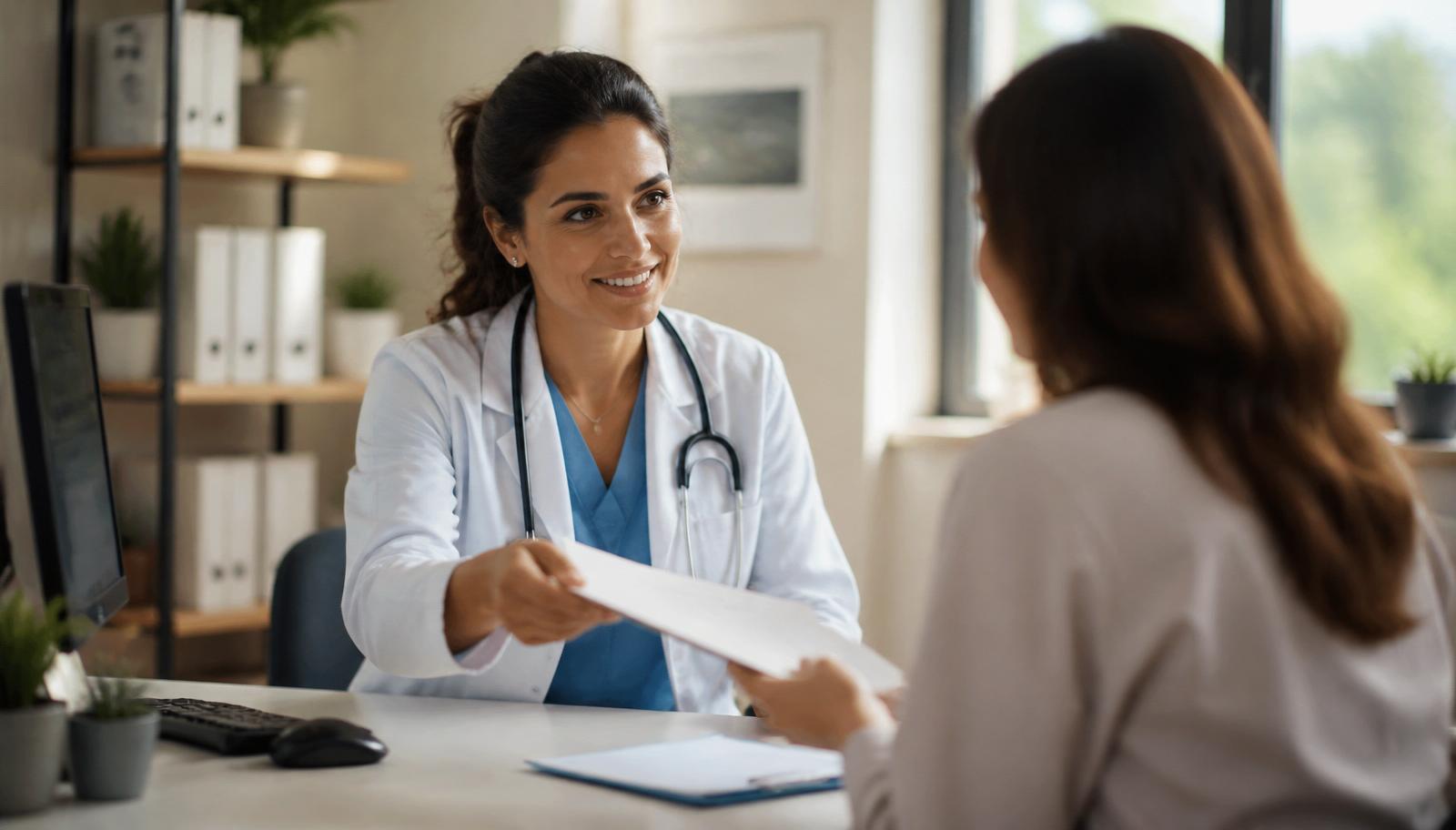 A doctor handing a referral document to a patient across a desk