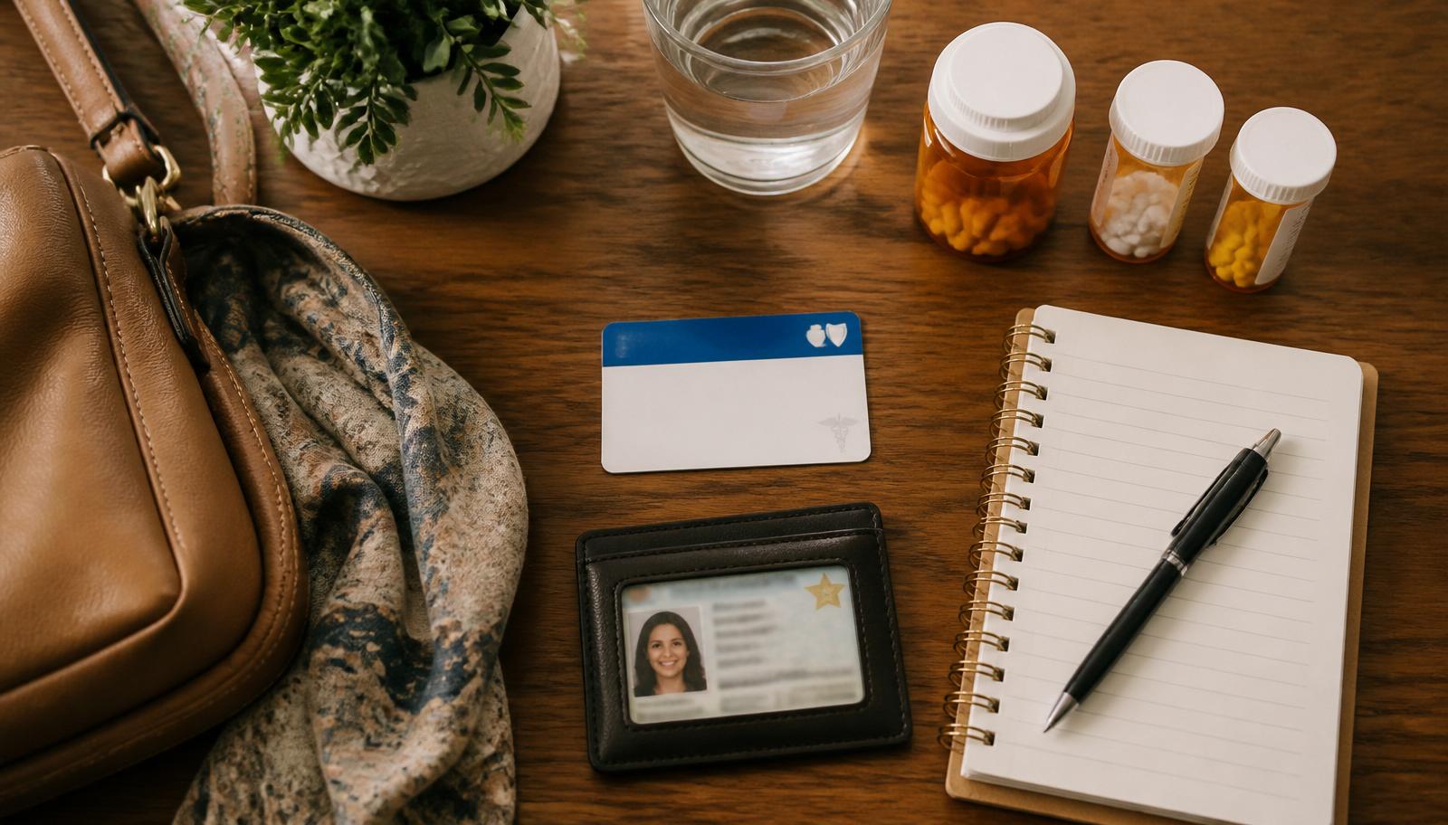 Insurance card, ID, medications and a notebook laid out on a table