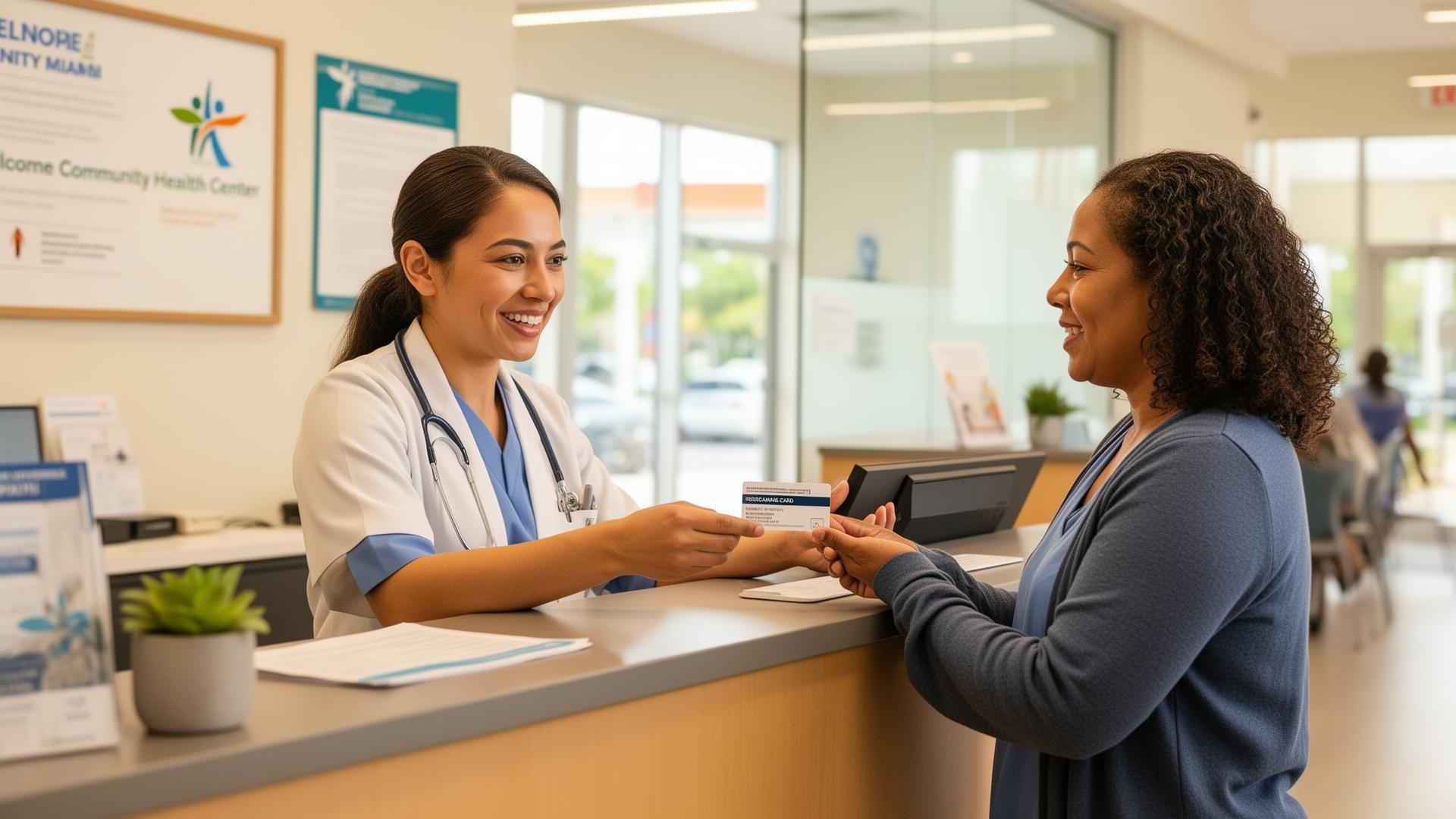 Receptionist helping a patient with an insurance card at a Miami community health center