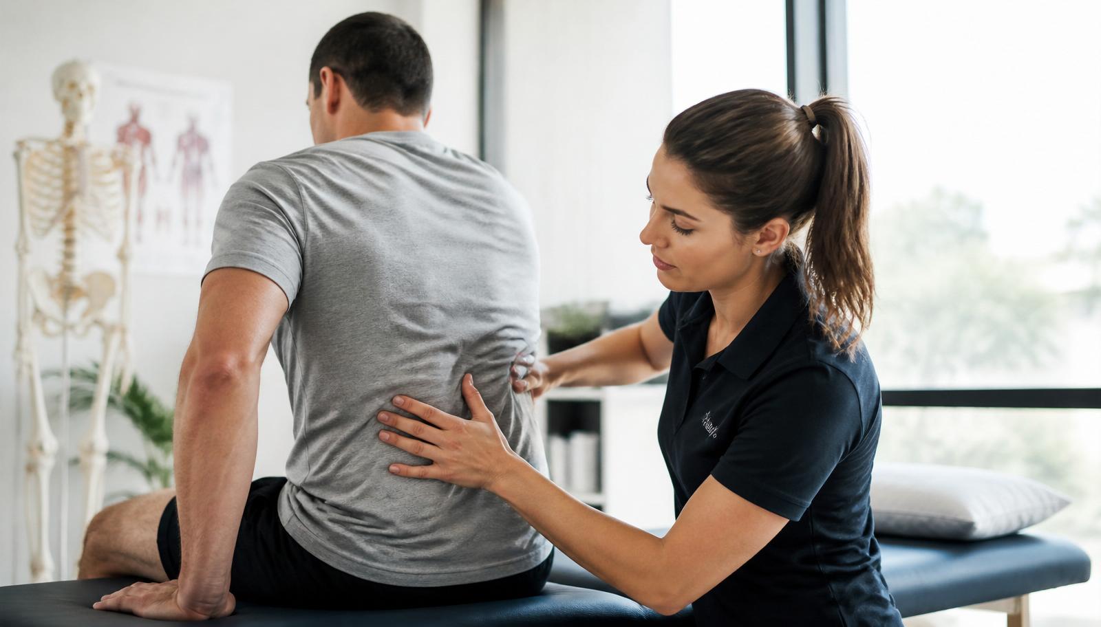 A physical therapist examining a patient's lower back in a bright clinic