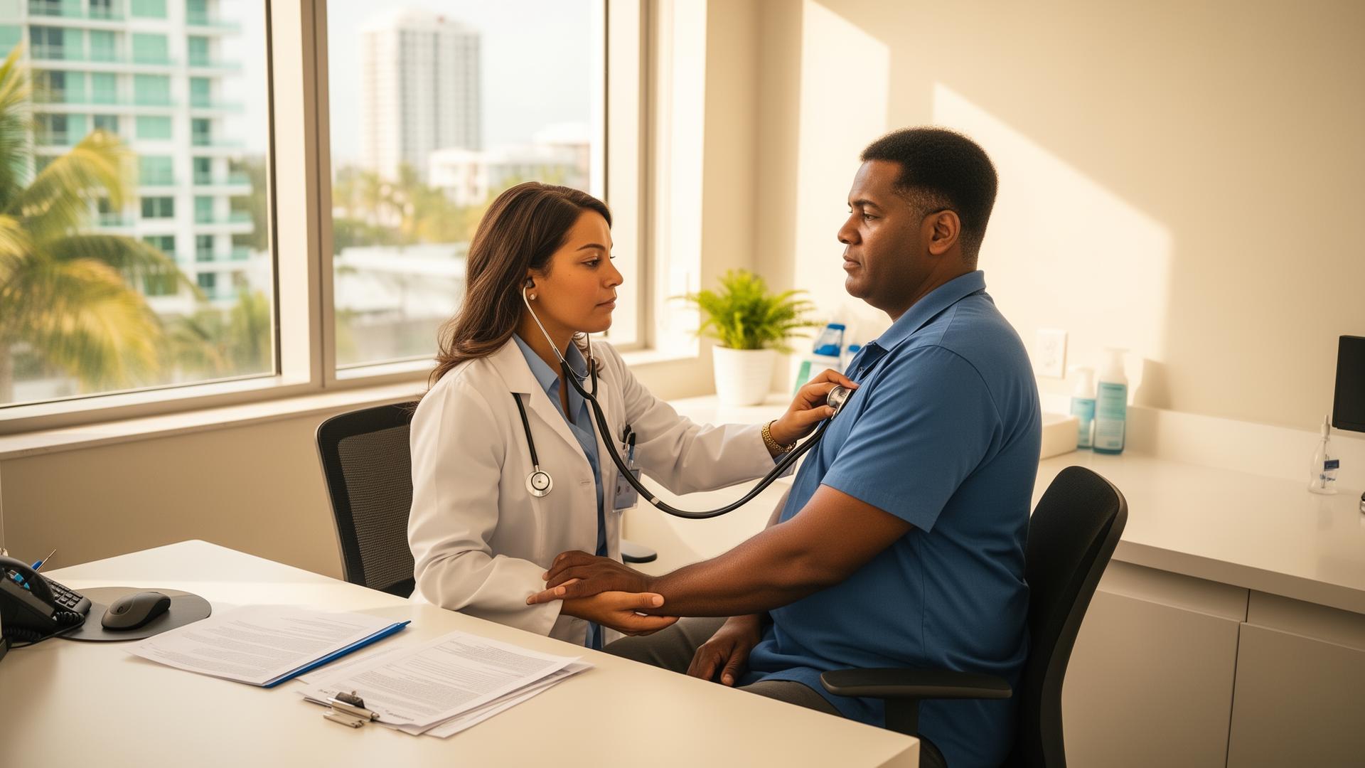 Doctor performing a physical exam on a patient in a Miami clinic