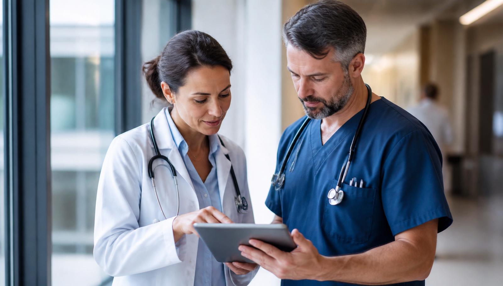 A primary care doctor and a specialist consulting together over a tablet