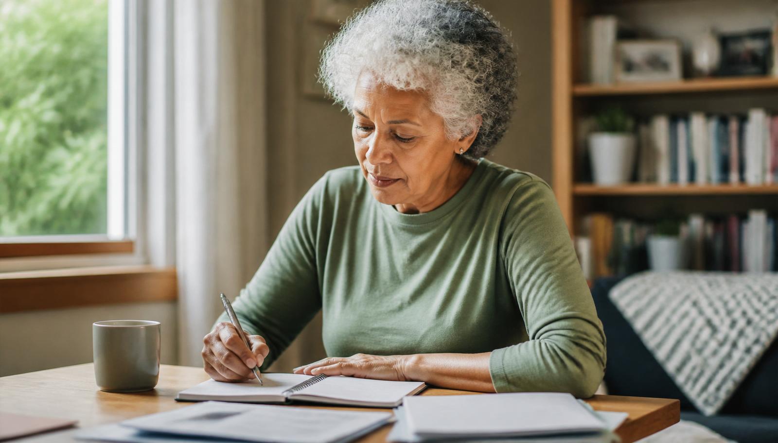 A patient writing down questions at home before a doctor's visit