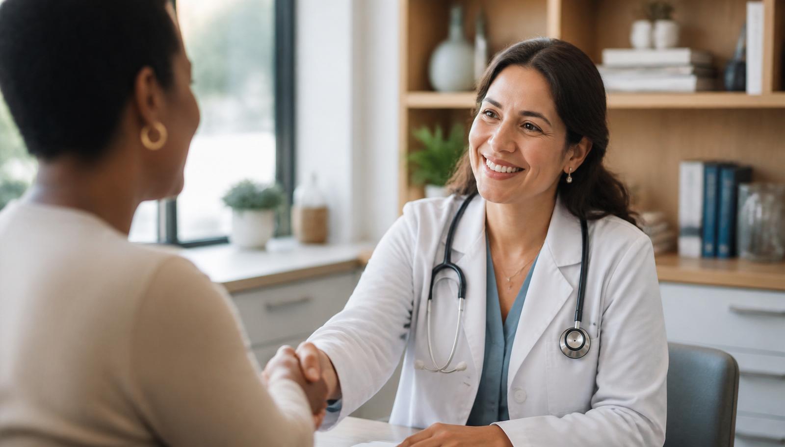 A friendly doctor shaking hands with a new patient in a welcoming office