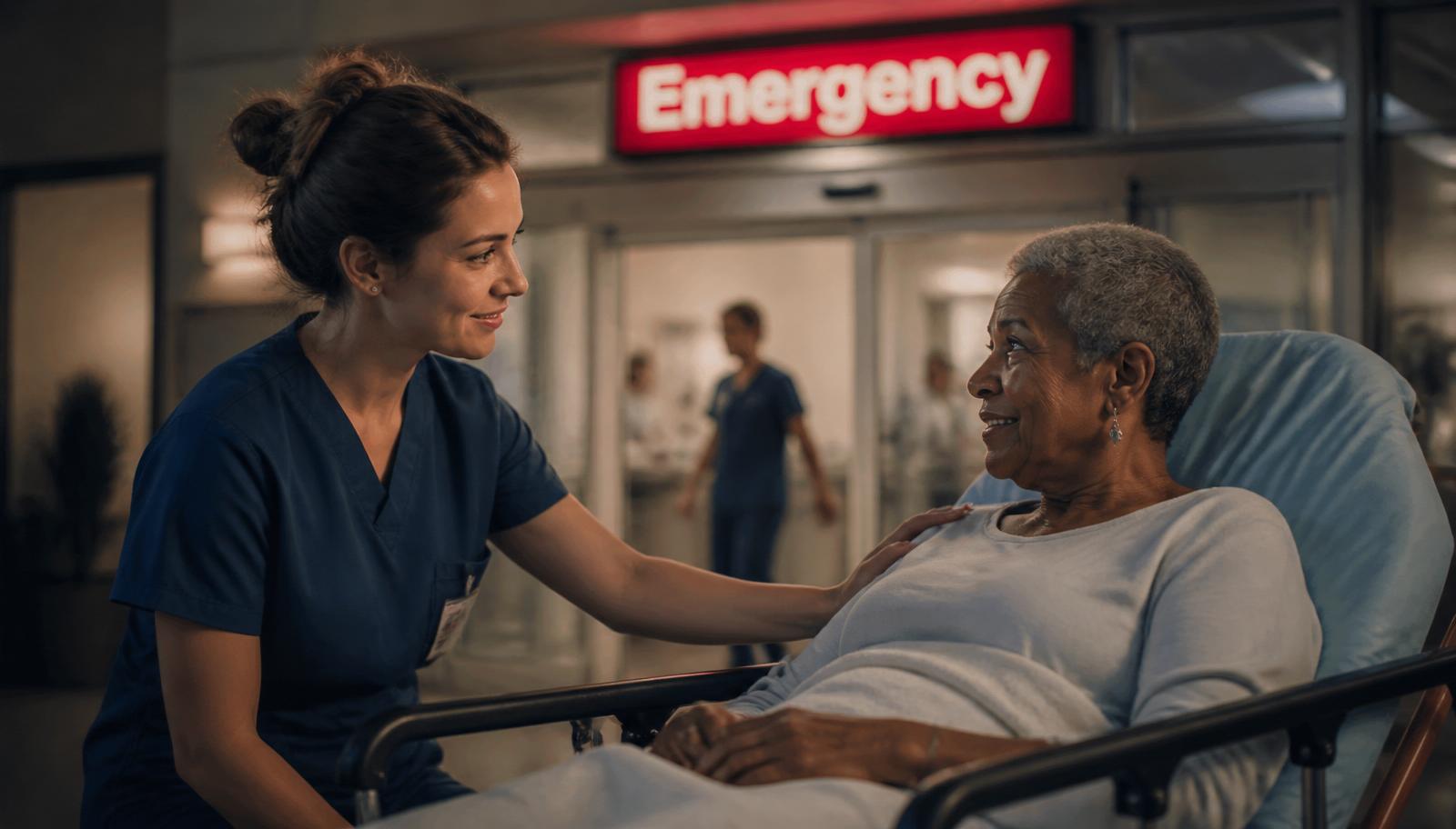 A nurse comforting an older patient at a hospital emergency room entrance