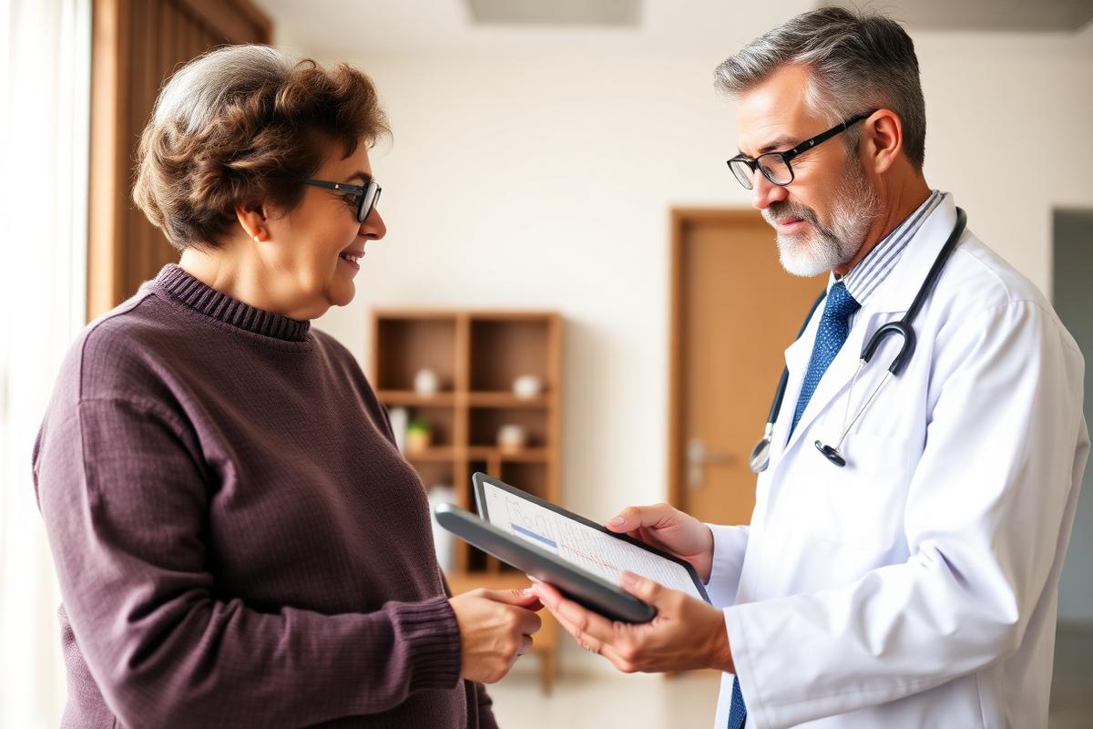 A doctor reviewing a patient's chart while managing a chronic condition