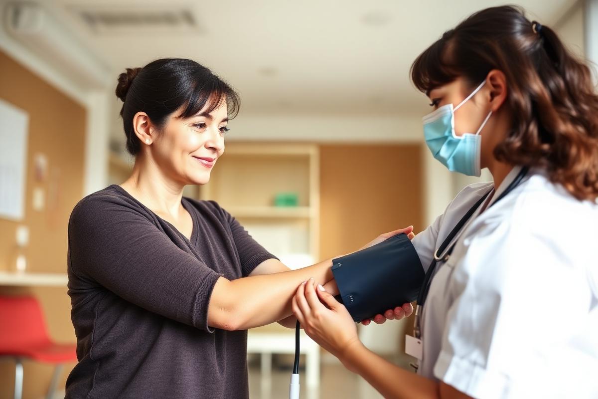 A nurse checking a patient's blood pressure during a preventive checkup