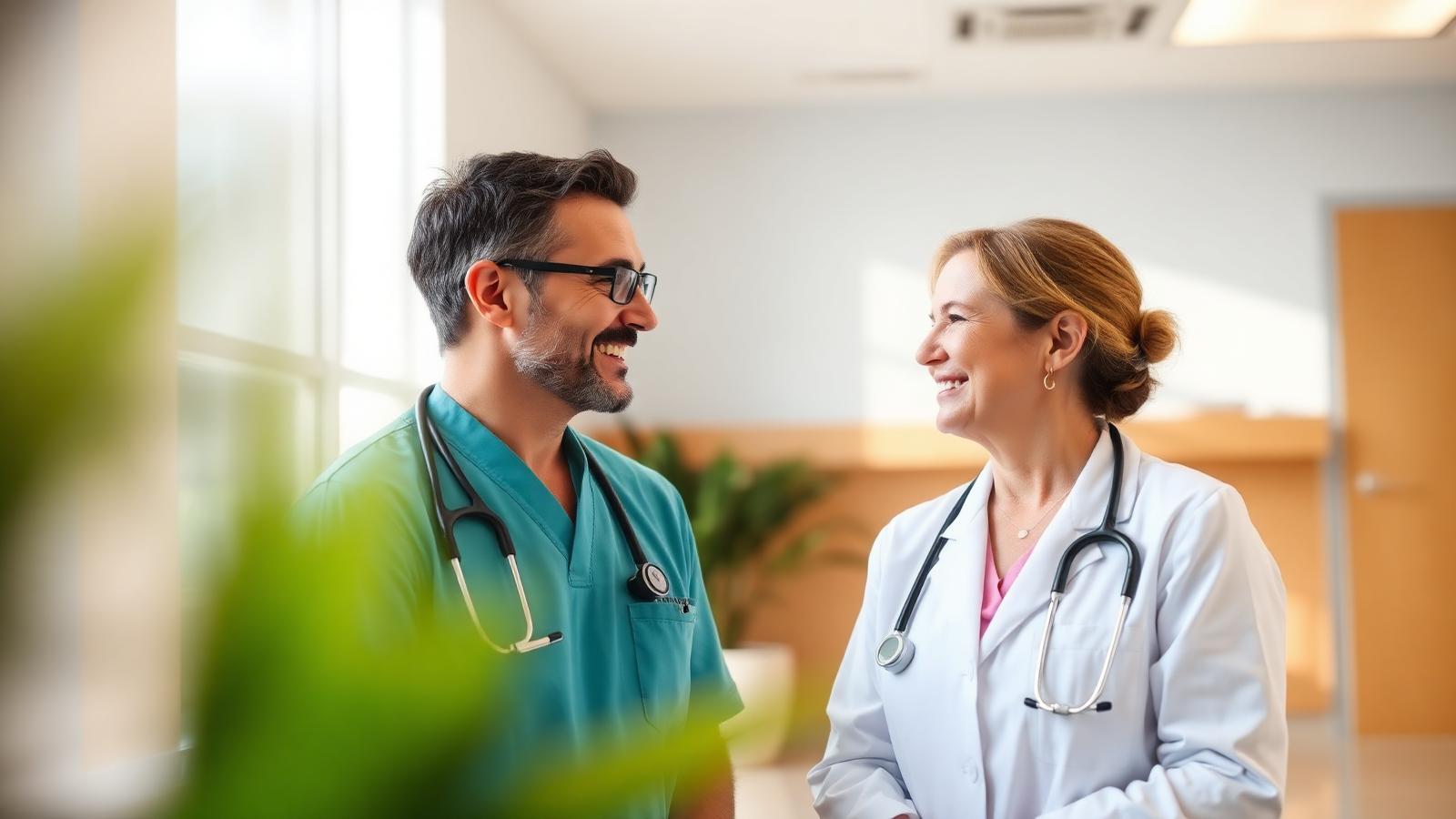 A primary care doctor talking with a patient in a bright Miami clinic