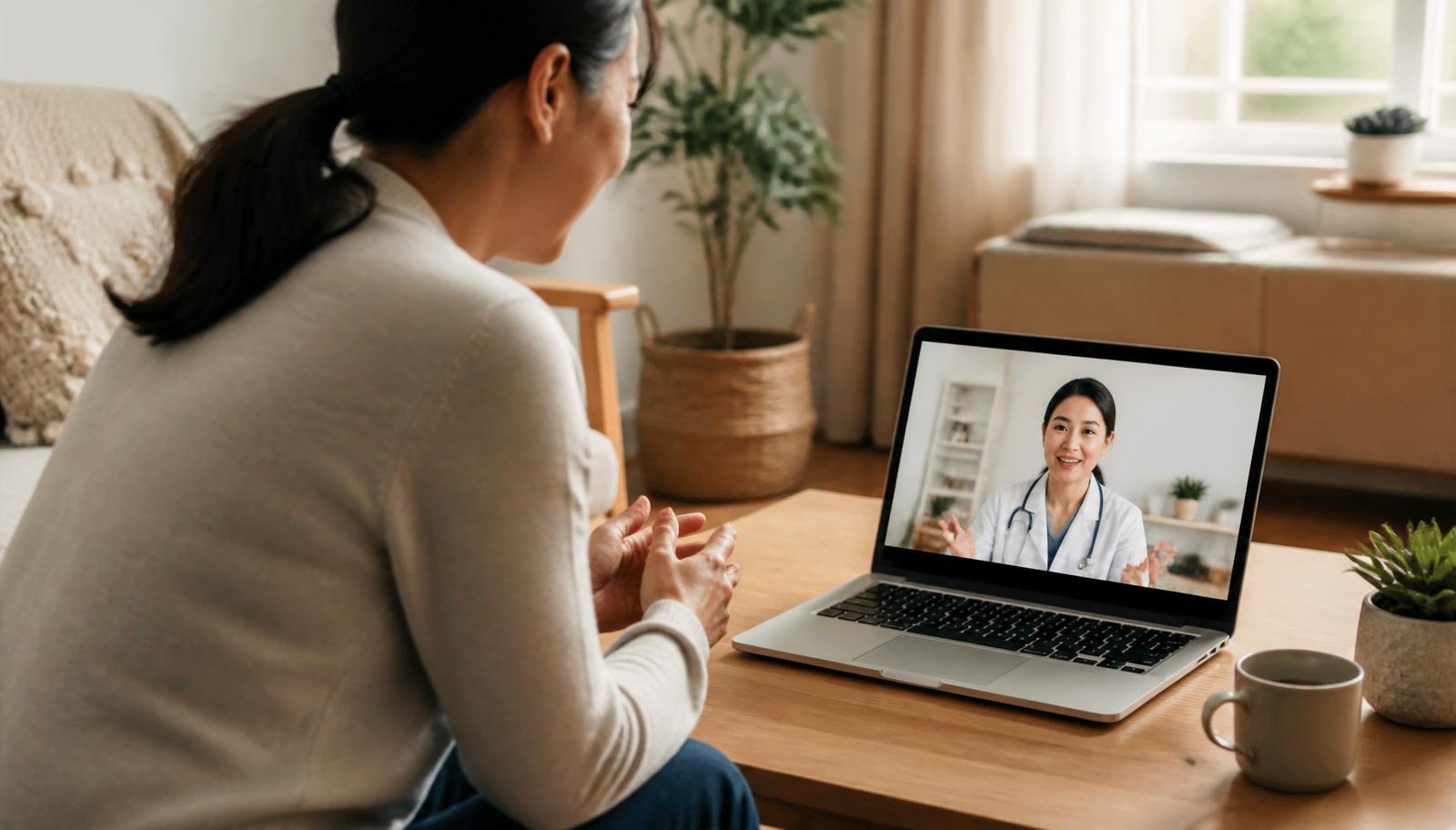 A patient having a video telehealth consultation on a laptop at home