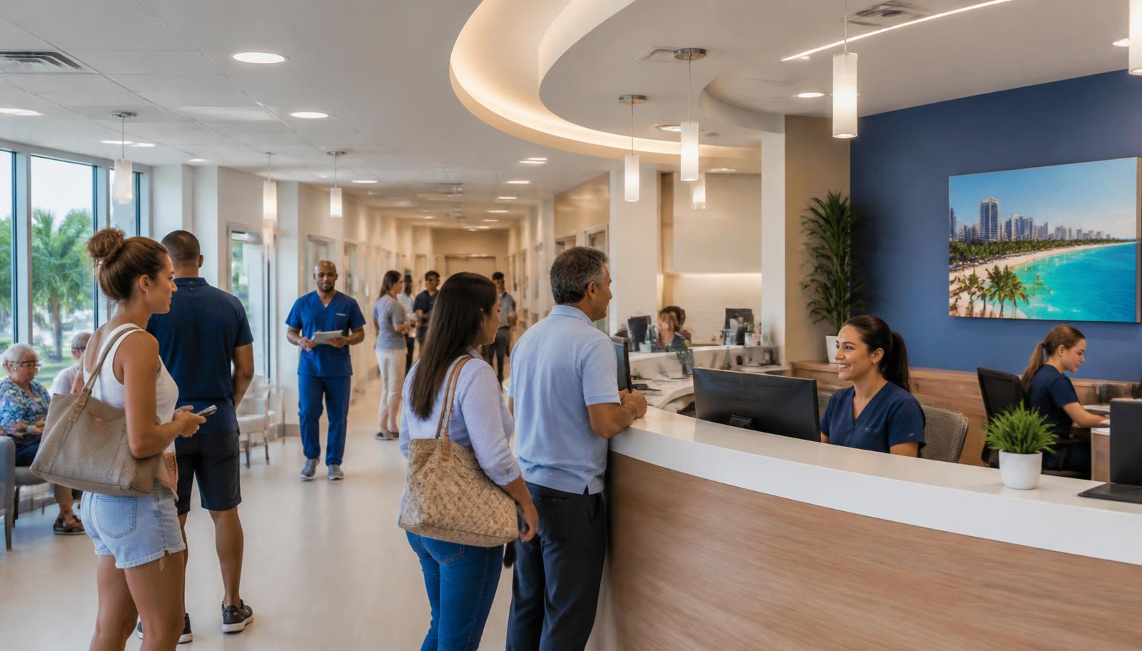 A modern Miami urgent care clinic reception area with patients checking in