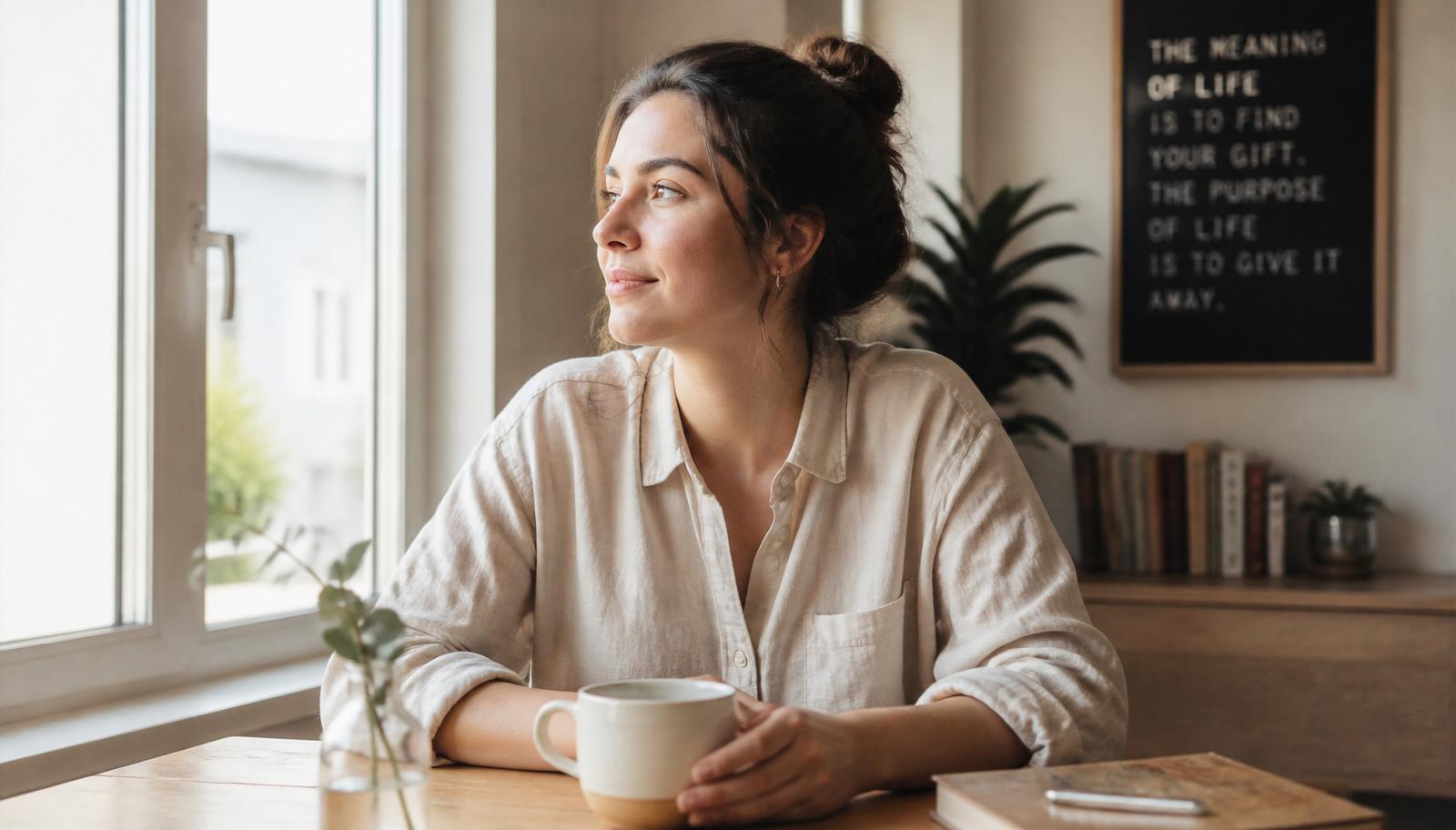 A person sitting thoughtfully by a bright window with a cup of coffee, reflecting calmly