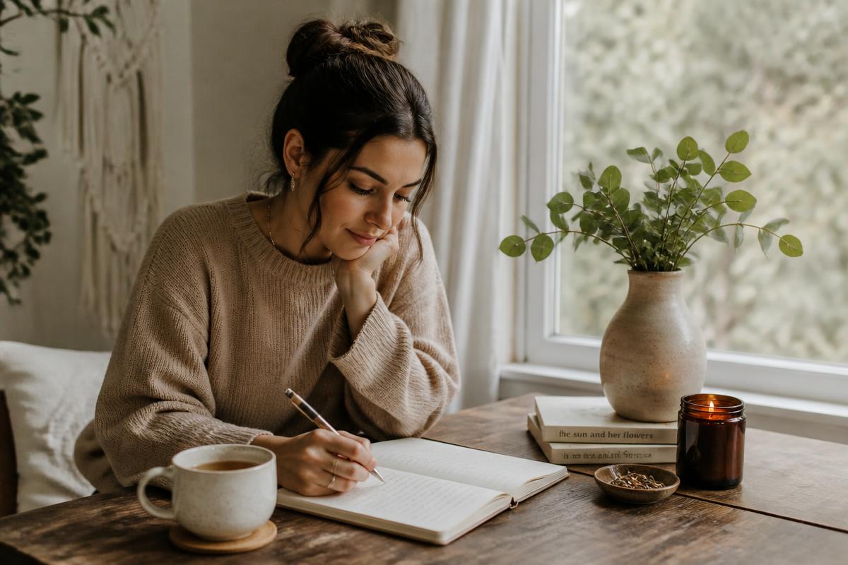 Person journaling and reflecting on their patterns at a calm table